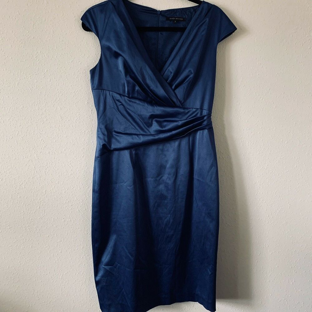 David Meister Blue Sateen Sheath Cocktail Dress - Picture 1 of 4